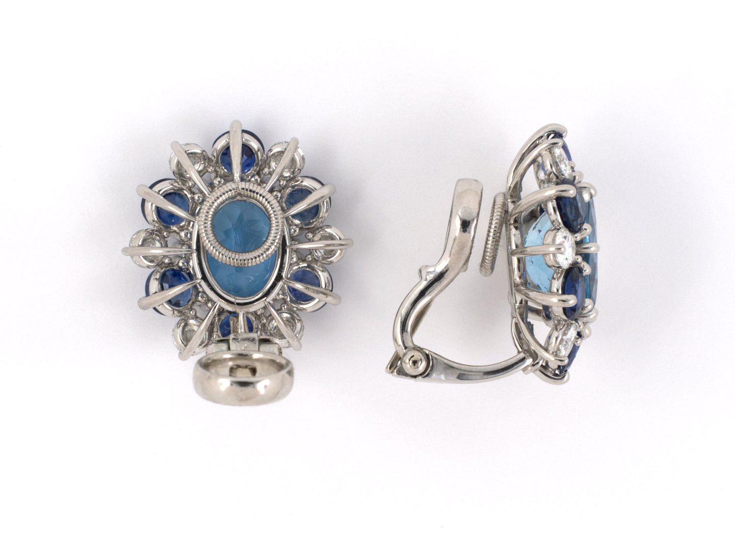 54040 - Platinum Aqua Diamond Sapphire Oval Cluster Earrings