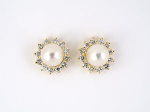 54041 - SOLD - Gold Diamond Pearl Cluster Earrings