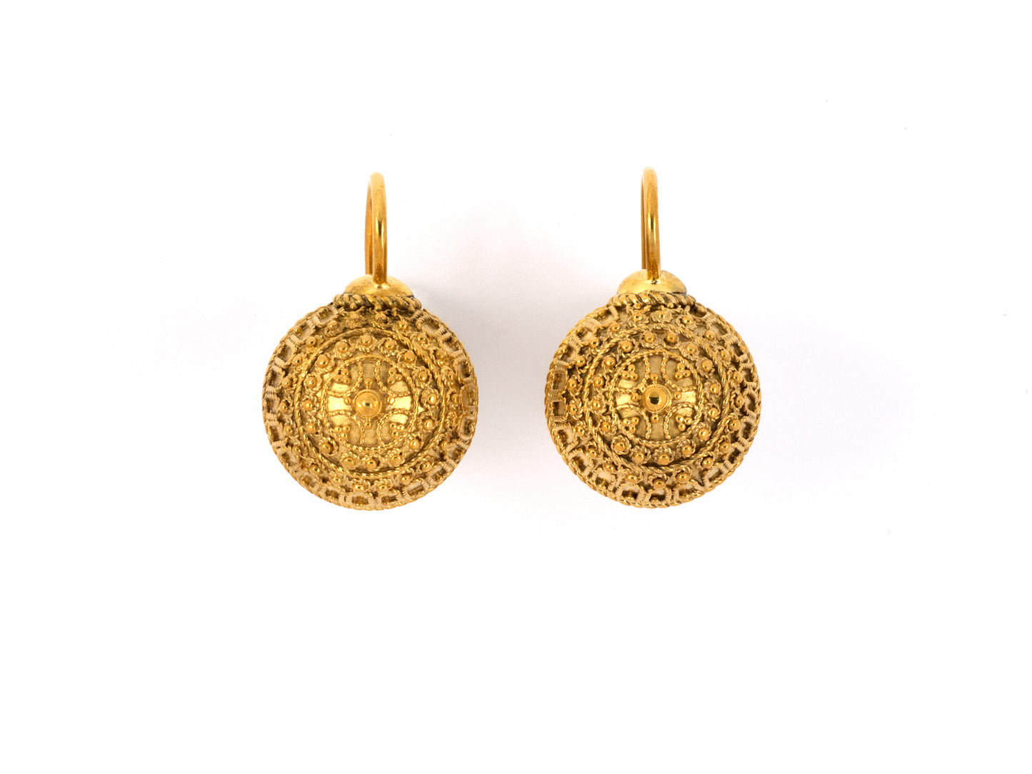 54046 - SOLD - Circa 1870 Victorian Etruscan Revival Gold Beaded Ball Kidney Wire Earrings