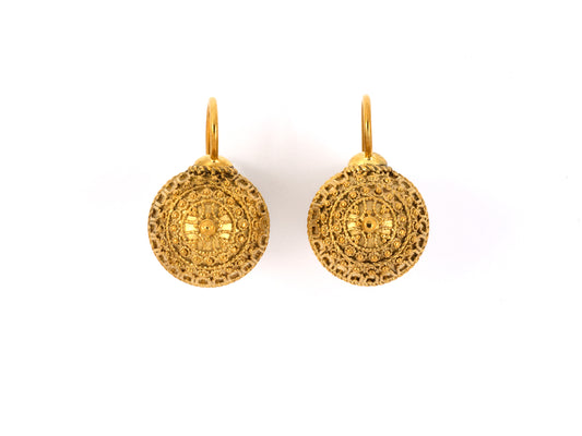 54046 - SOLD - Circa 1870 Victorian Etruscan Revival Gold Beaded Ball Kidney Wire Earrings