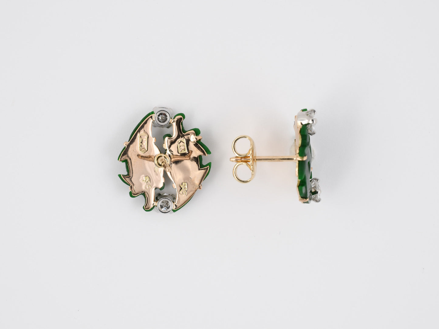 54048 - Gold Platinum Diamond Carved Jadeite Crescent Shape Earrings