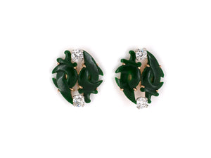 54049 - Gold Platinum Diamond Carved Jadeite Crescent Shape Earrings