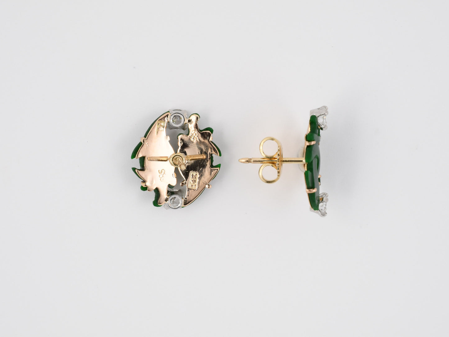 54049 - Gold Platinum Diamond Carved Jadeite Crescent Shape Earrings