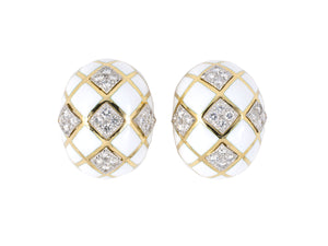 54058 - SOLD - Circa 1980s Webb Gold Platinum Diamond White Enamel Earrings