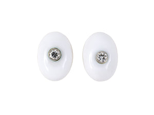 54059 - Circa 1980s Webb Gold Platinum Diamond White Enamel Oval Earrings