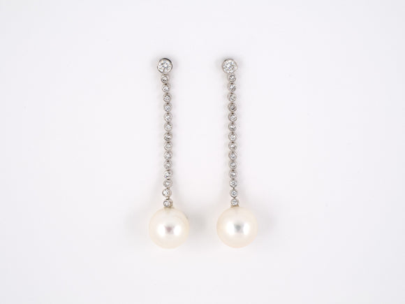 54065 - SOLD - Gold Diamond Pearl Drop Dangle Earrings