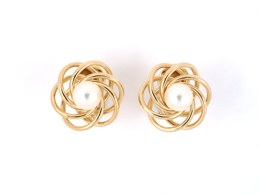 54076 - SOLD - Gold Pearl Wire Spiral Swirl Hollow Earrings