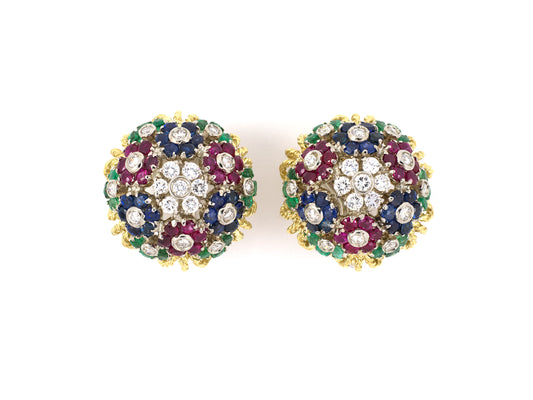 54085 - Italy Gold Diamond Ruby Emerald Domed Cluster Floral Design Earrings