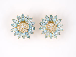 54087 - SOLD - Gold Aqua Diamond Cluster Flower Floral Earrings