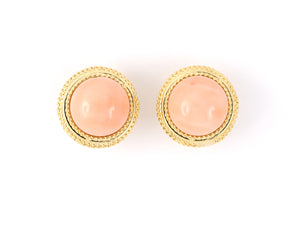 54091 - SOLD - Gold Rope Bezel Cabochon Coral Button Earrings