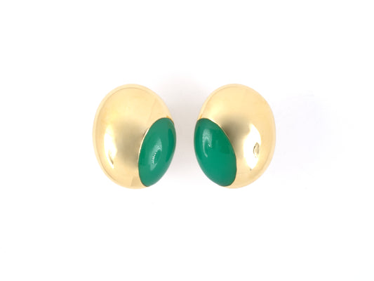 54092 - SOLD - Carvin French Gold Oval Chrysoprase Button Style Earrings