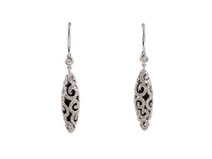 54093 - SOLD - Gold Diamond Black Onyx Swirl Paisley Dangle Drop Earrings