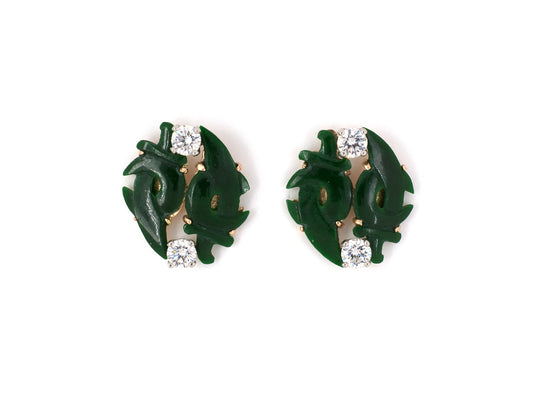 54097 - SOLD - Gold Platinum Diamond Carved Jadeite Crescent Shape Earrings