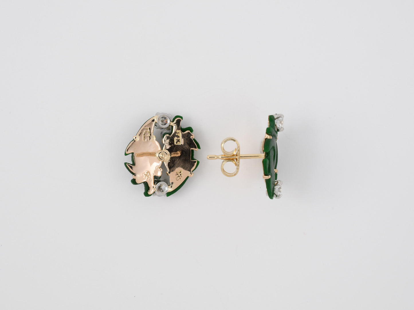 54097 - SOLD - Gold Platinum Diamond Carved Jadeite Crescent Shape Earrings