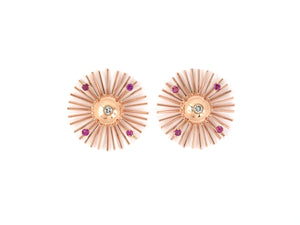 54105 - SOLD - Retro Gold Ruby Diamond Starburst Spoke Earrings