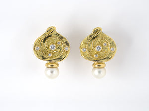 54108 - SOLD - Circa 2004 Elizabeth Gage Gold Diamond Pearl Drop Earrings