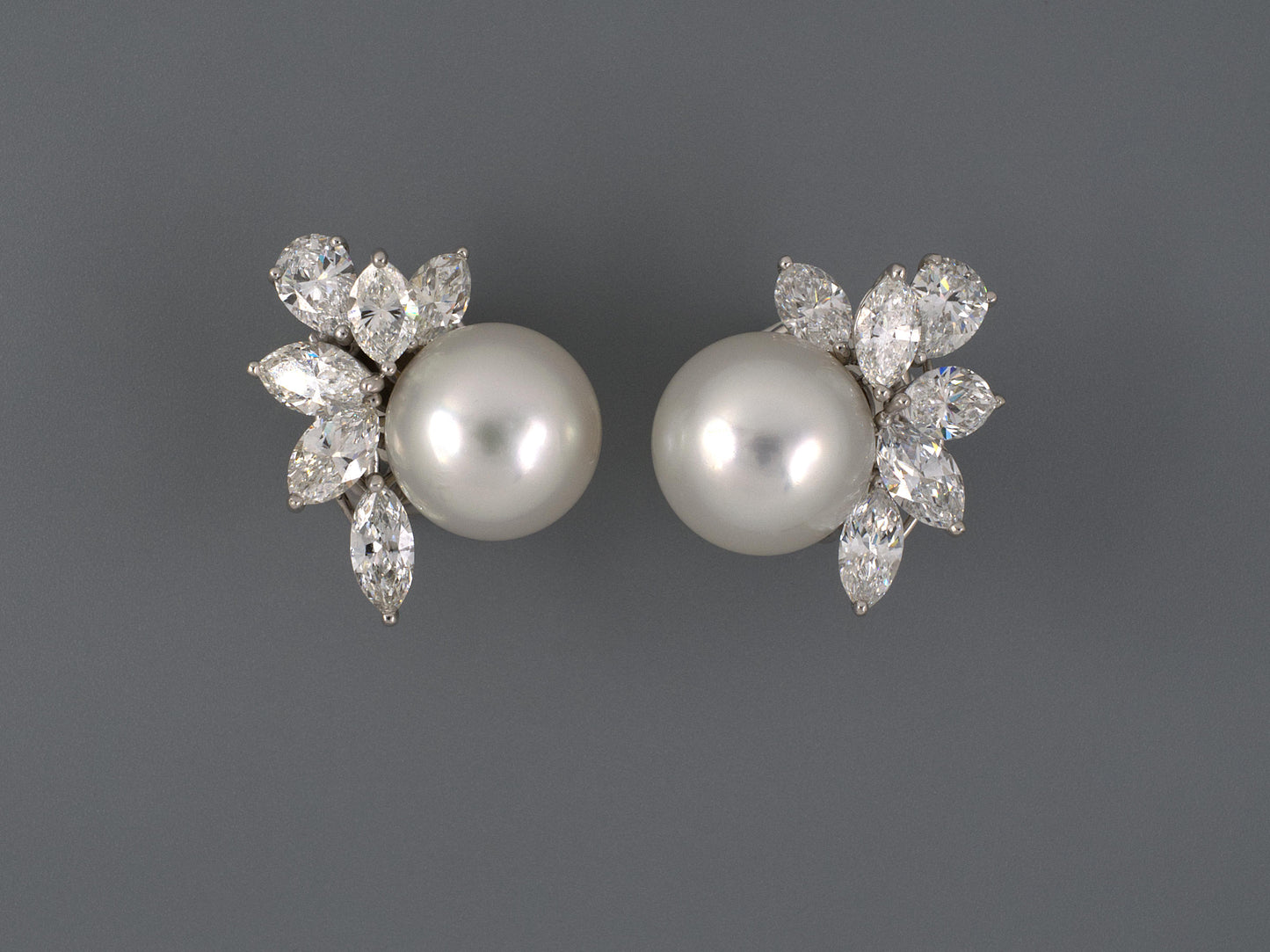 54109 - SOLD - Circa 1970s Platinum GIA Diamond South Sea Pearl Cluster Earrings