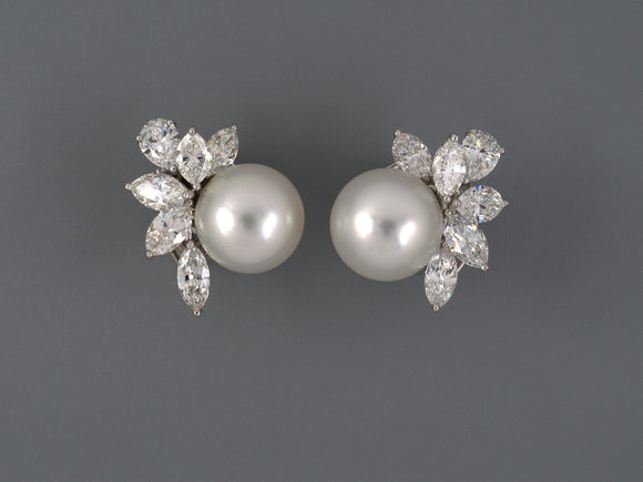 54109 - Circa 1970s Platinum GIA Diamond South Sea Pearl Cluster Earrings
