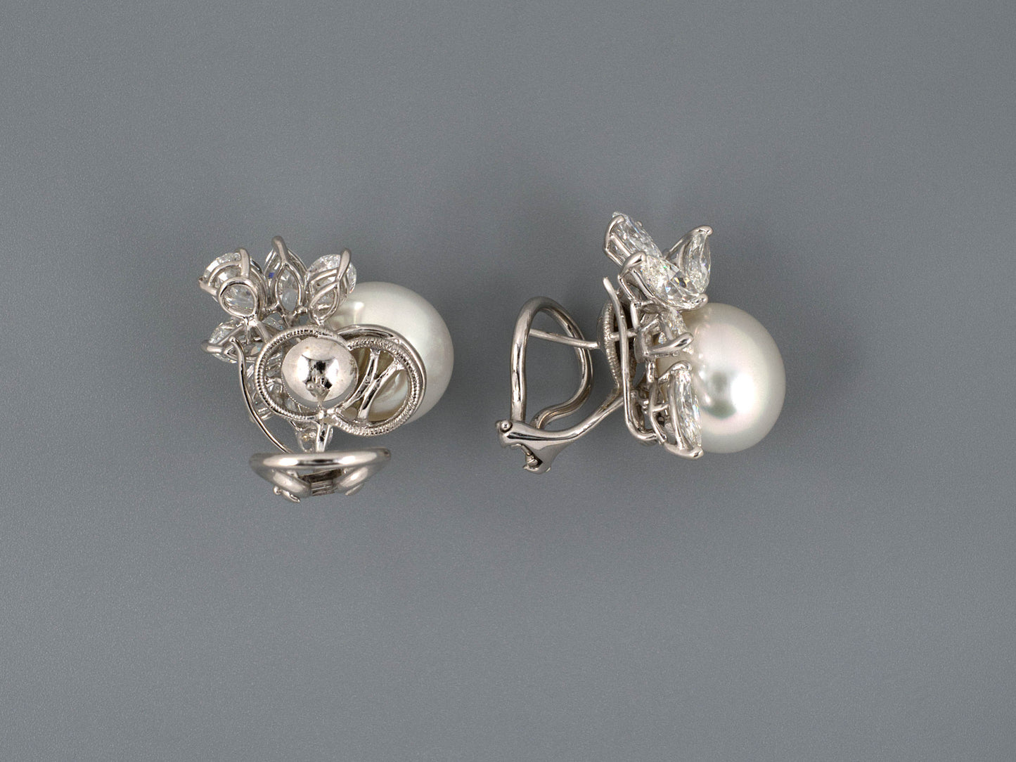 54109 - SOLD - Circa 1970s Platinum GIA Diamond South Sea Pearl Cluster Earrings