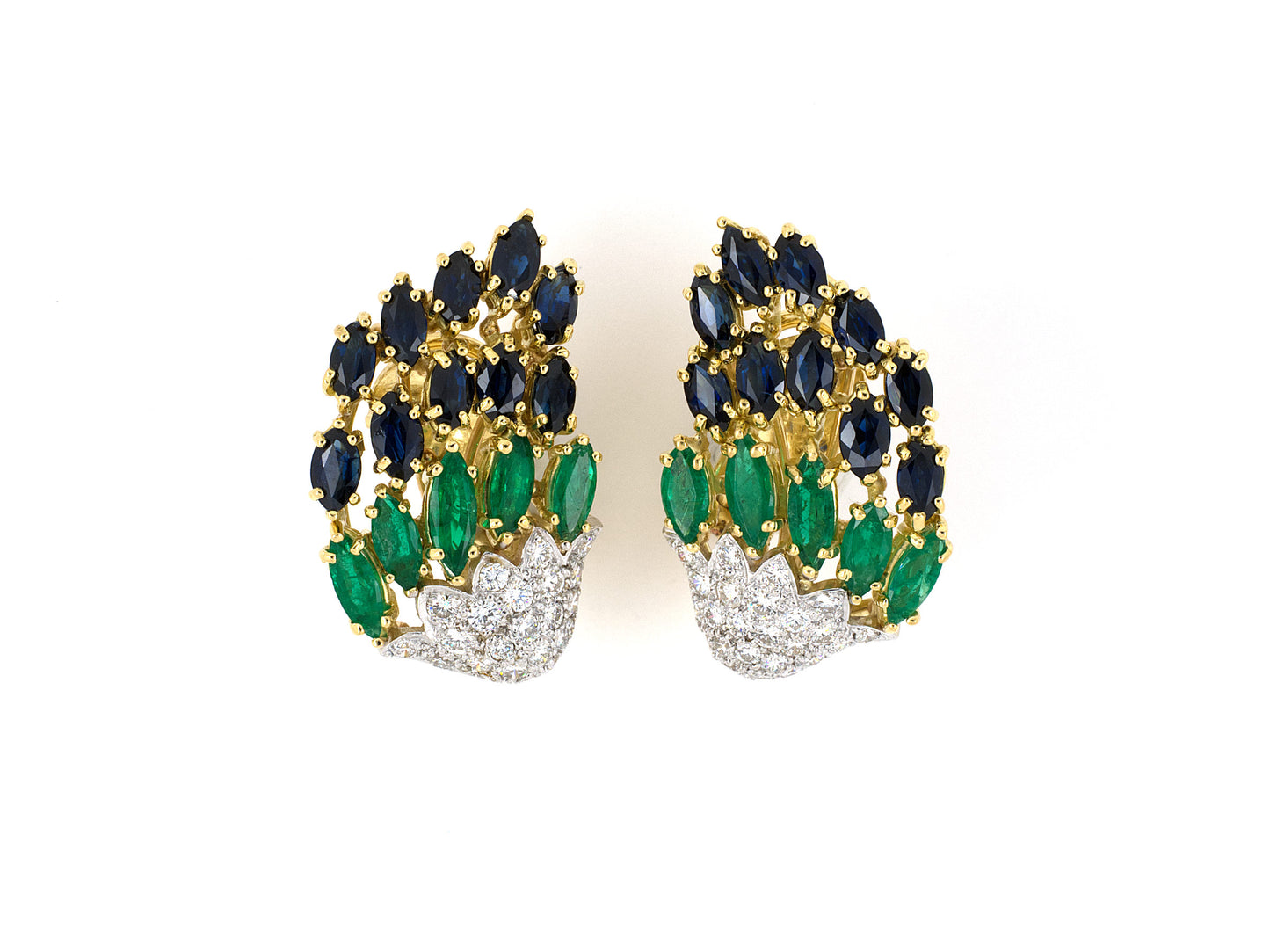 54113 - Tambetti Gold Sapphire Emerald Diamond Peacock Feather Wings Earrings