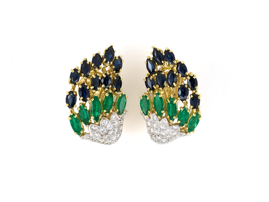 54113 - Tambetti Gold Sapphire Emerald Diamond Peacock Feather Wings Earrings