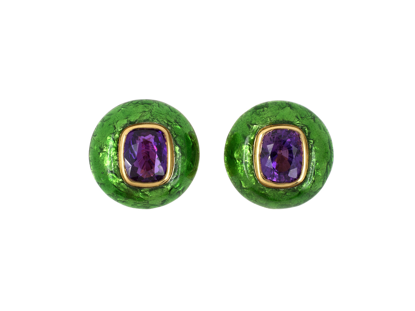 54115 - Gold Purple Sapphire Green Enamel Domed Button Earrings