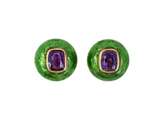 54115 - Gold Purple Sapphire Green Enamel Domed Button Earrings