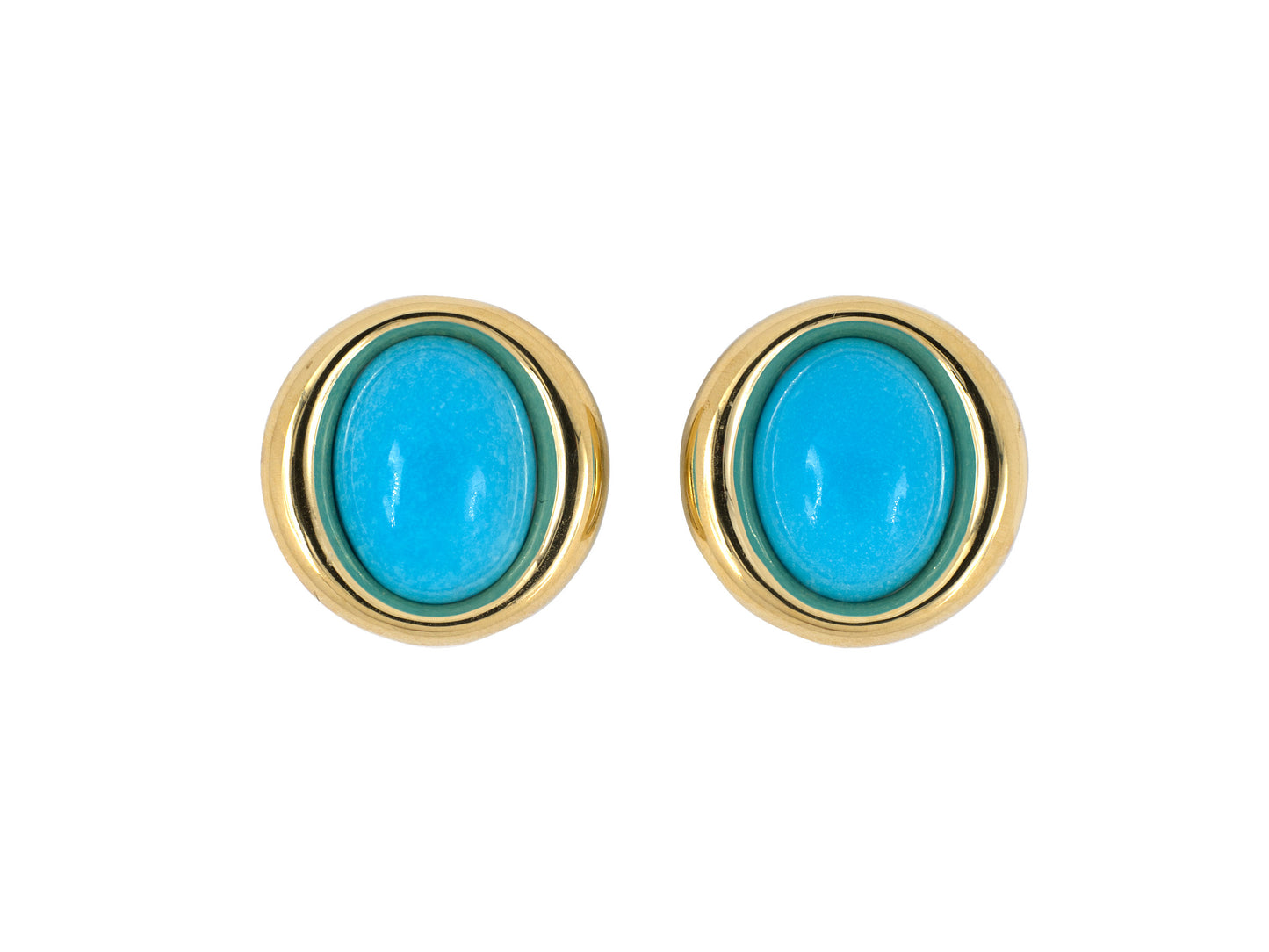 54120 - SOLD - Gold Cabochon Turquoise Oval Button Earrings