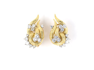 54121 - Circa 1970 Platinum Gold Diamond Carved Vine  Floral Weave Earrings