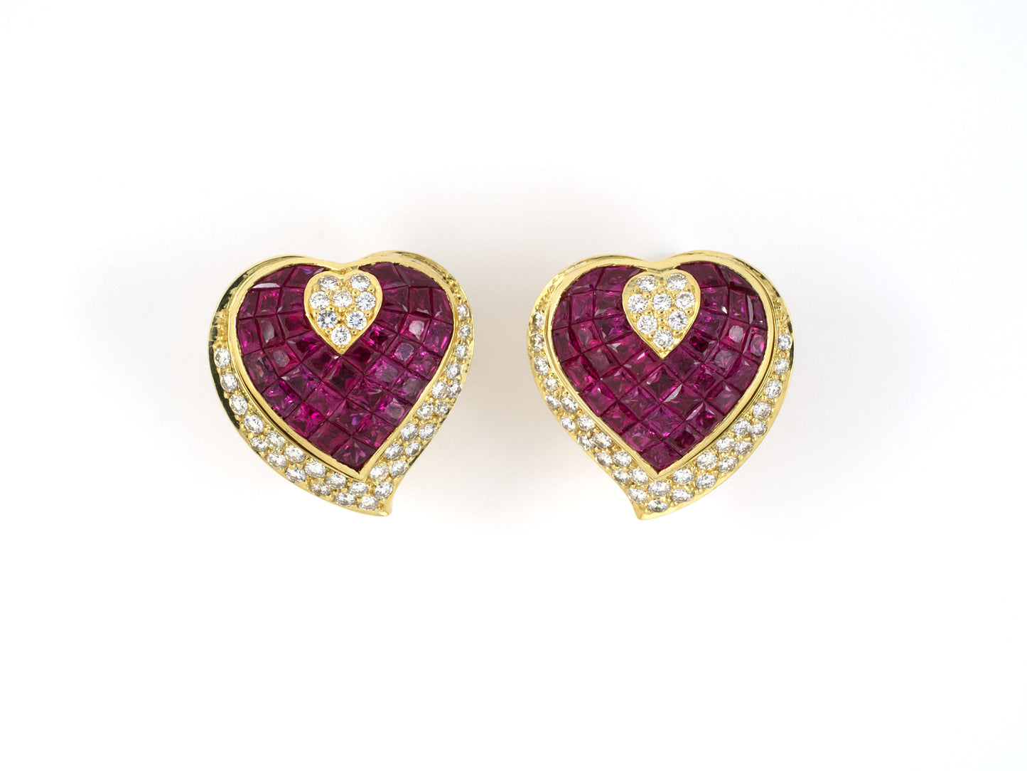 54126 - SOLD - Gold Ruby Diamond Swirl Cluster Heart Shape Earrings