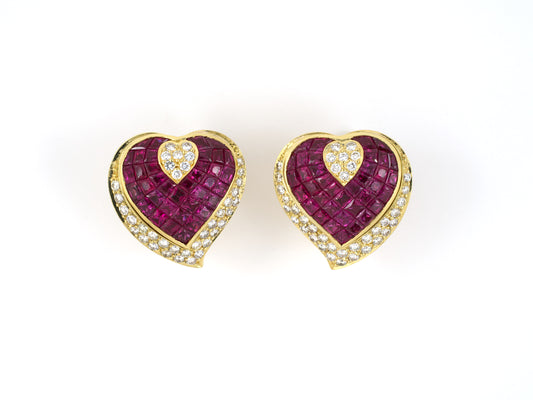 54126 - SOLD - Gold Ruby Diamond Swirl Cluster Heart Shape Earrings