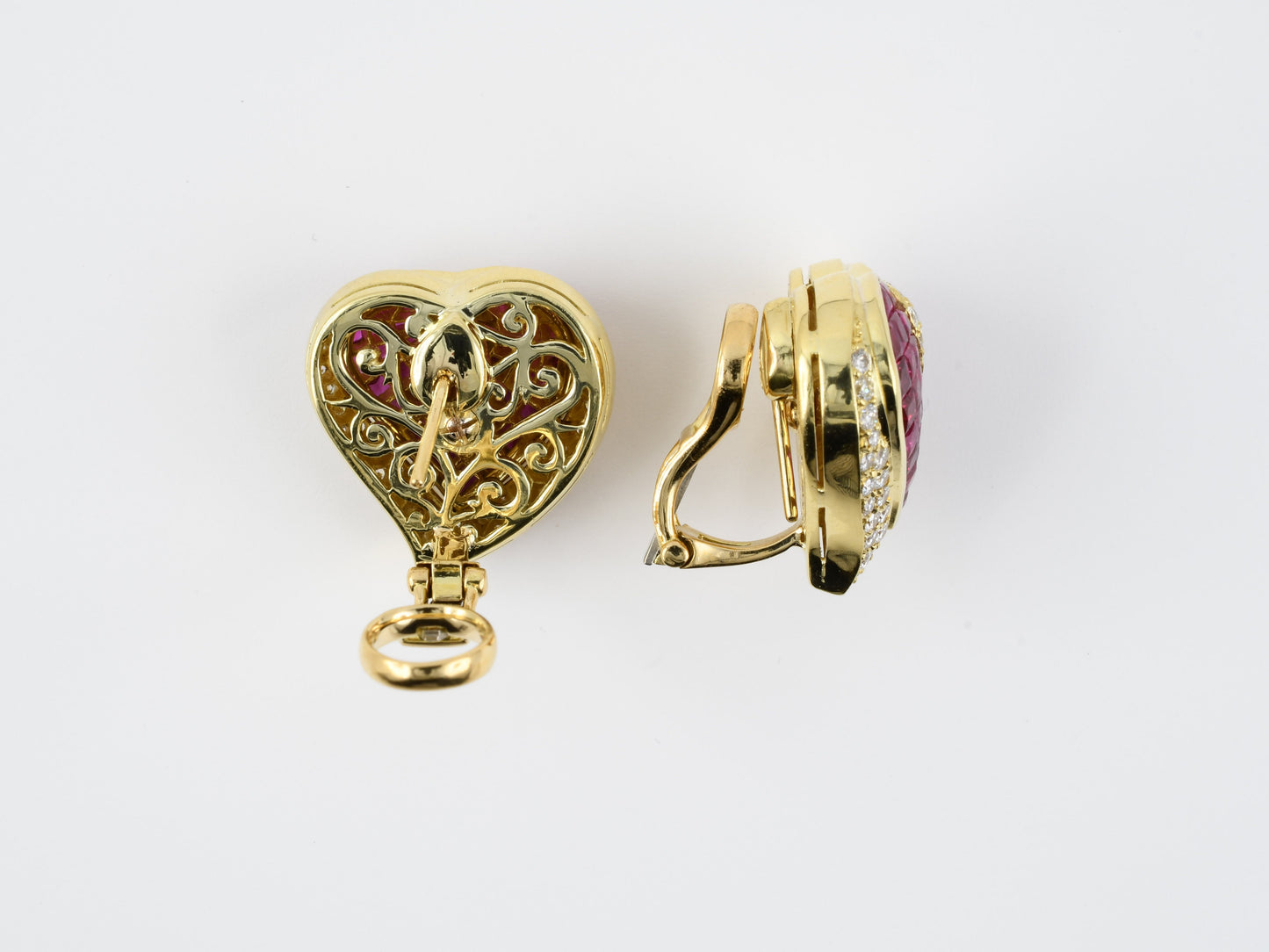 54126 - SOLD - Gold Ruby Diamond Swirl Cluster Heart Shape Earrings