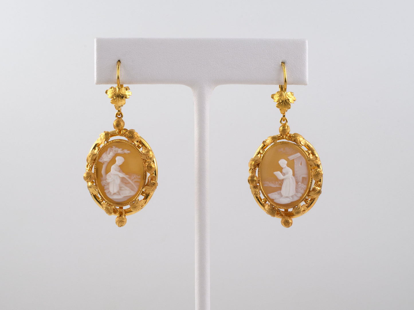 54128 - Victorian (gold filled tubes) Oval Brown White Shell Cameo Carved Floral Drop Dangle Earrings Clip Backs