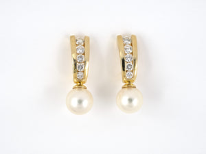 54137 - SOLD - Gold Diamond Pearl Drop Earrings