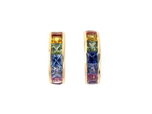 54138 - Gold Rainbow Channel Set Multi Color Sapphire Hoop Earrings