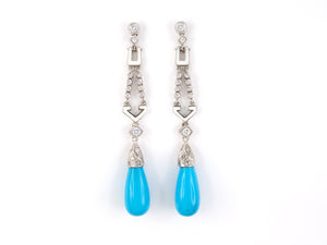 54141 - Gold Diamond Turquoise White Enamel Tear Drop Earrings