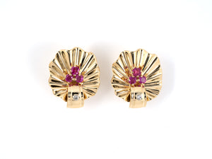 54142 - Retro Platinum Gold Ruby Diamond Corrugated Flower Earrings