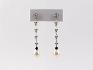 54143 - SOLD - Gold Diamond Black Onyx Bead Pearl Drop Earrings
