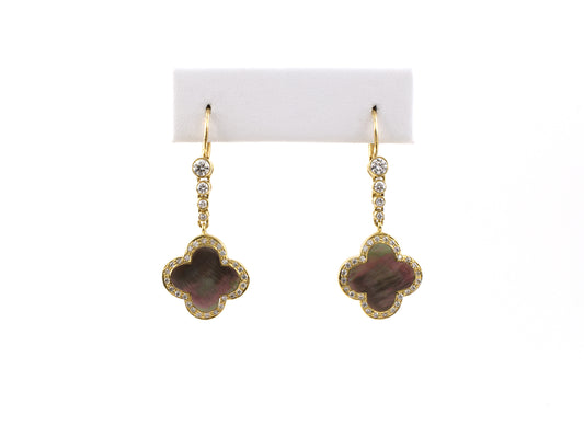 54144 - SOLD - Gold Diamond Black Mother Of Pearl 4 Leaf Clover Design Drop Earrings