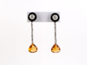54146 - Gold Diamond Black Onyx Rondel Citrine Drop Earrings