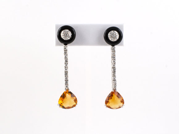 54146 - Gold Diamond Black Onyx Rondel Citrine Drop Earrings