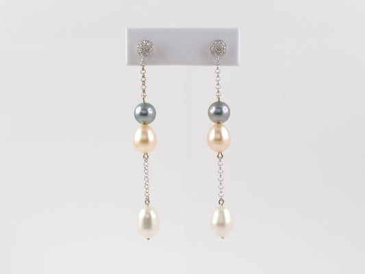54147 - SOLD - Gold Diamond Pearl Rolo Chain Drop Earrings