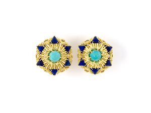 54152 - Italy Gold Turquoise Lapis Tiered Cluster Earrings