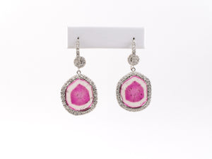 54157 - Gold Wire Diamond Pink Tourmaline Disc Cluster Drop Earrings