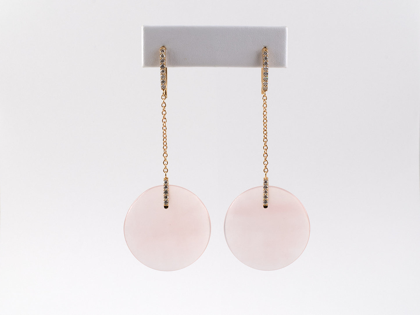 54158 - Gold Diamond Pink Quartz Disc Drop Earrings