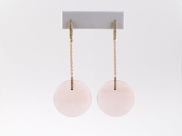 54158 - Gold Diamond Pink Quartz Disc Drop Earrings