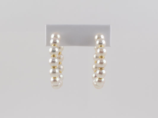 54159 - SOLD - Italy Gold Pearl Alternating Rondel Hoop Earrings