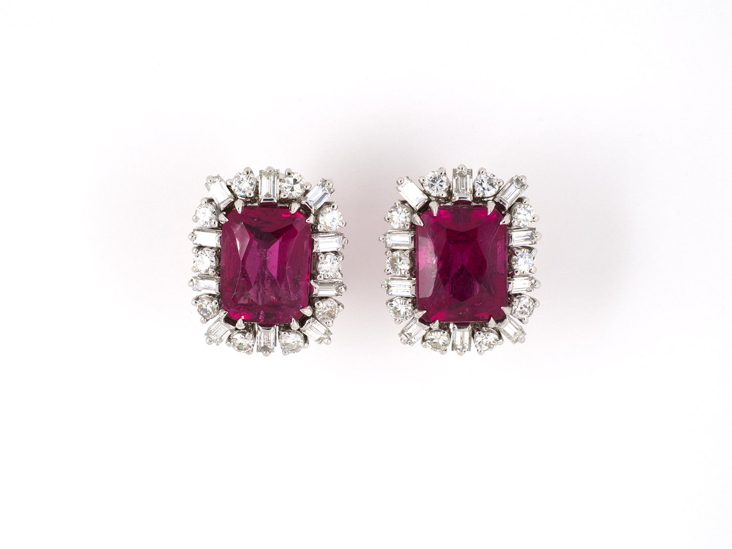 54175 - SOLD - Circa 1950 Gold Platinum Rubellite Diamond Alternating Round And Baguette Cluster Earrings