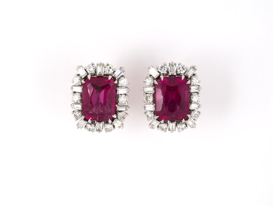 54175 - SOLD - Circa 1950 Gold Platinum Rubellite Diamond Alternating Round And Baguette Cluster Earrings