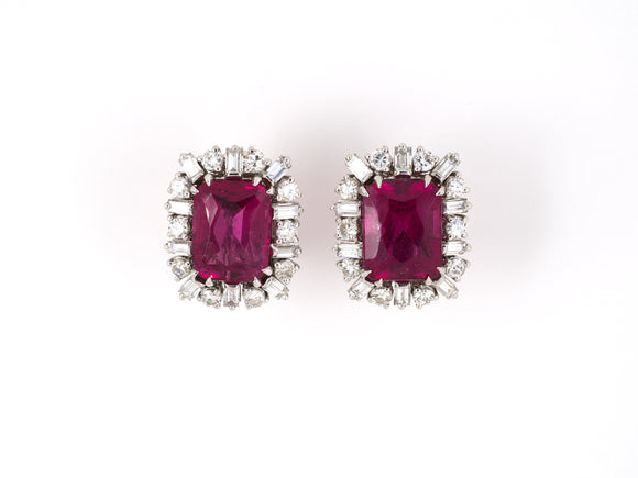54175 - Circa 1950 Gold Platinum Rubellite Diamond Alternating Round And Baguette Cluster Earrings